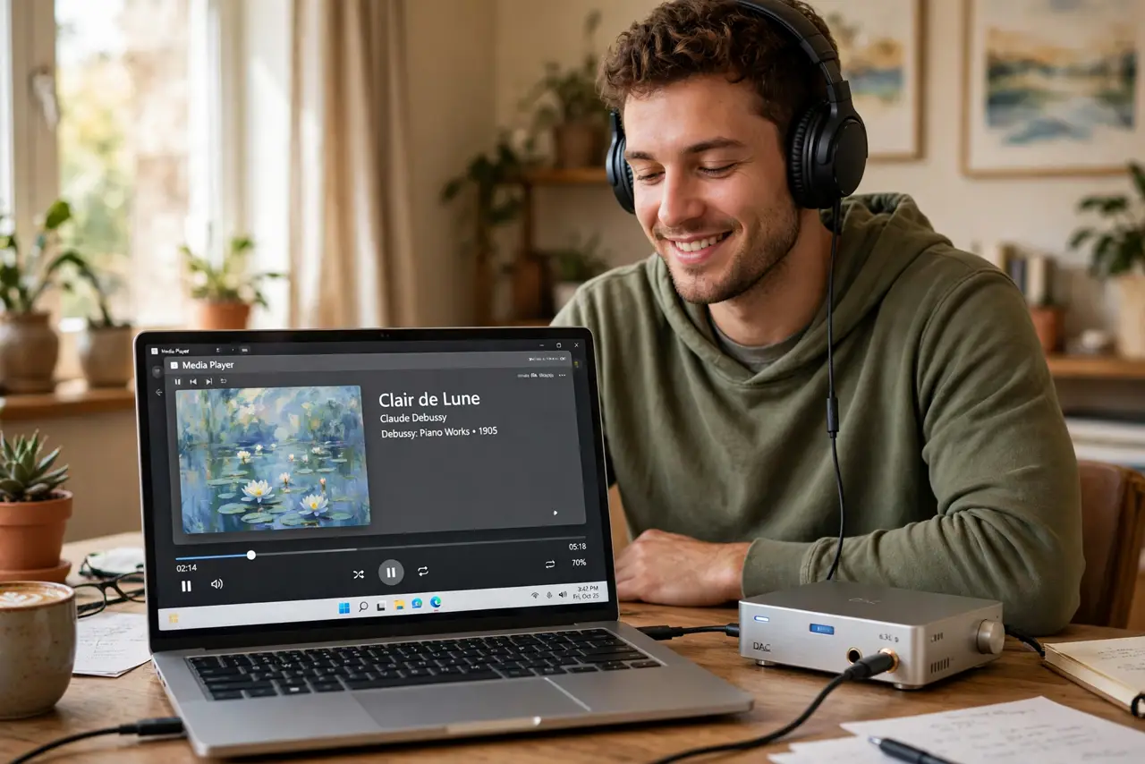 A person at a real desk listening on real over-ear headphones connected to a small real DAC unit beside a real laptop showing a music player with legible track…