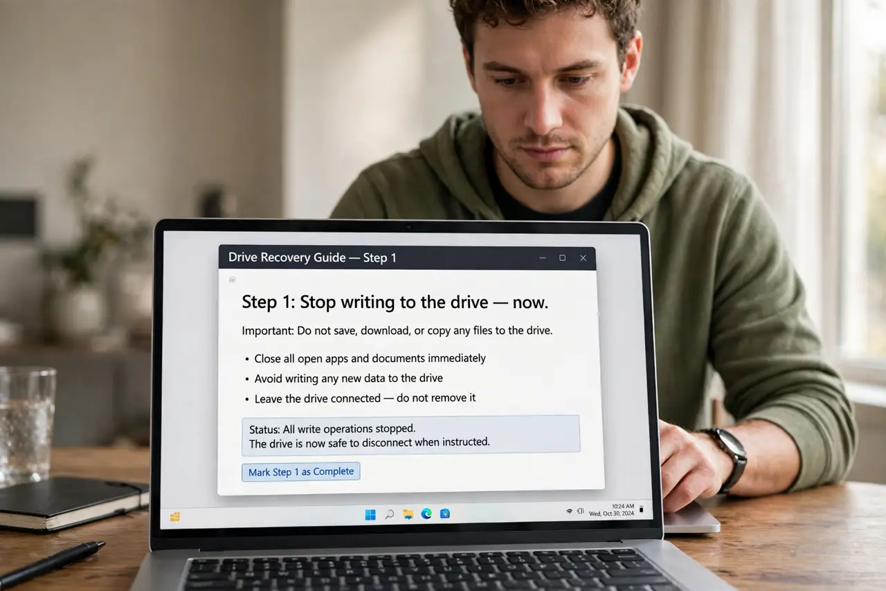 A person doing the guide's first step: Stop writing to the drive — now.