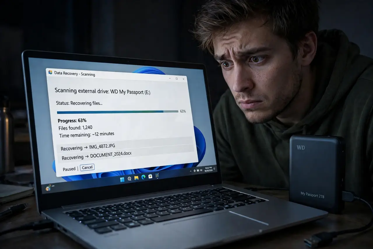A person looking worried at a real external hard drive connected to a laptop showing a recovery scan with legible progress, the person's face anxious but focused, dim room.
