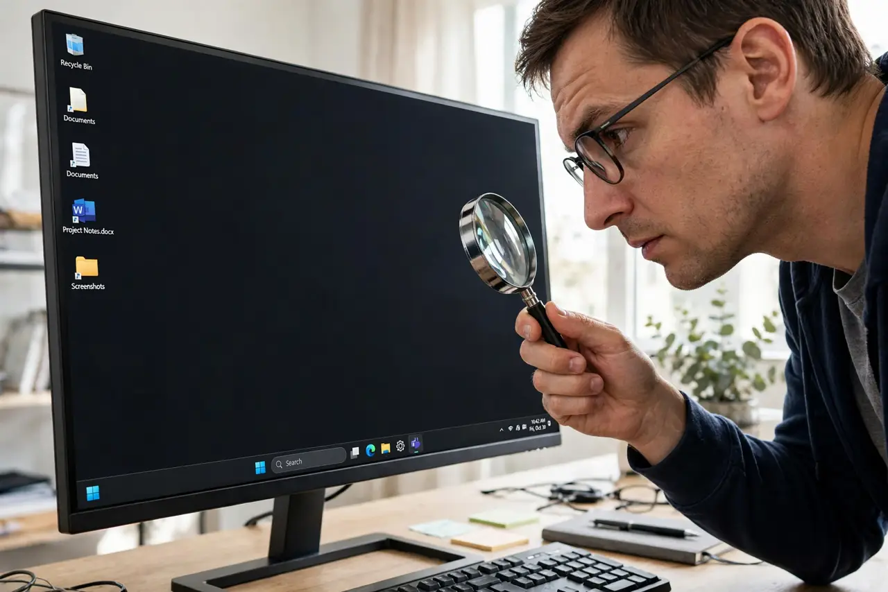 A person inspecting a real monitor showing a solid black screen, leaning in close looking for defects, a magnifying glass in hand, the person's face scrutinizing, bright room.