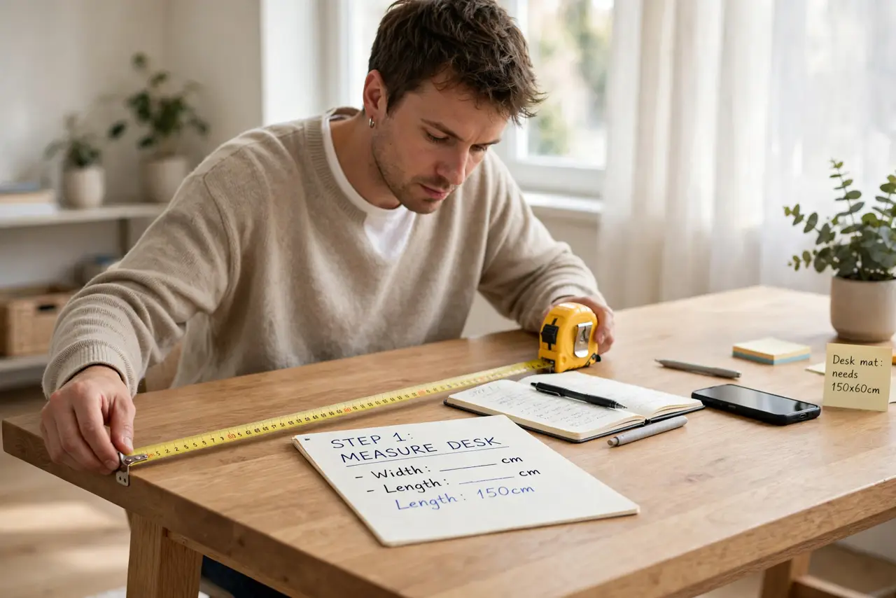 A person carrying out step one: measure your desk first.