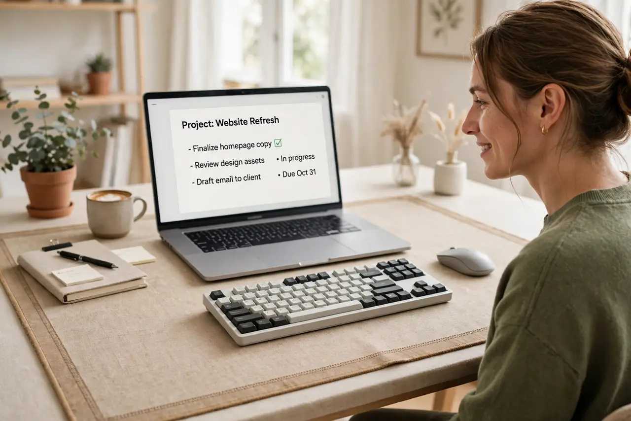 A person working at a real desk with a large desk mat under a real keyboard and mouse, the setup looking clean and organized, the person's face content, bright…