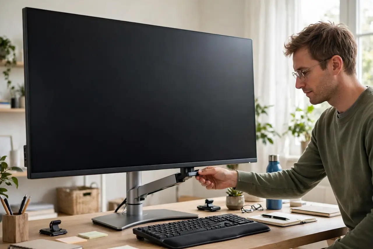 Photoreal photo of a person performing the first step: Set monitor height first. Top of the screen at or just below eye level, about an arm's length a