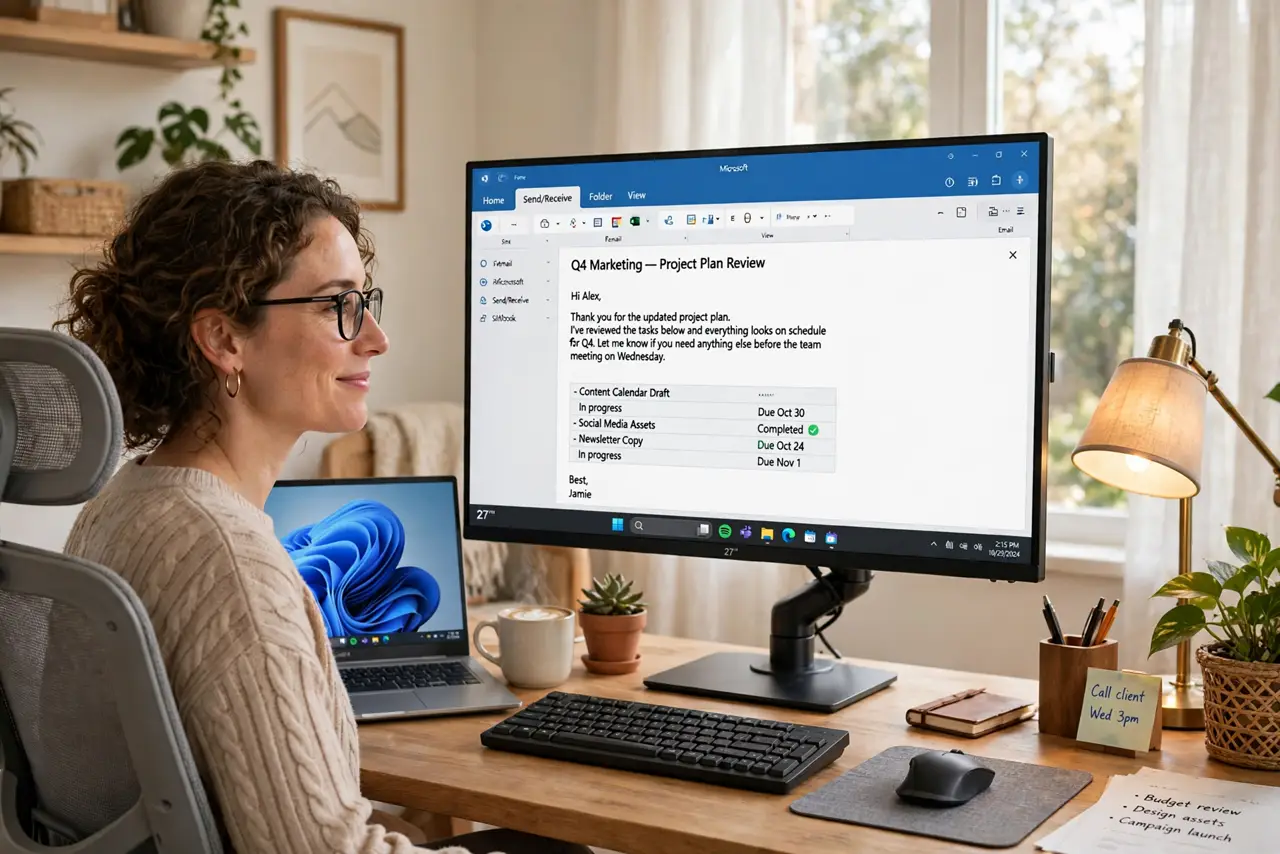 Photoreal photo: a person working at a real ergonomic desk setup with a real monitor at eye level, proper chair, and warm desk lamp, the person's face relaxed and comfortable, bright home office. No black screen, no blank white screen