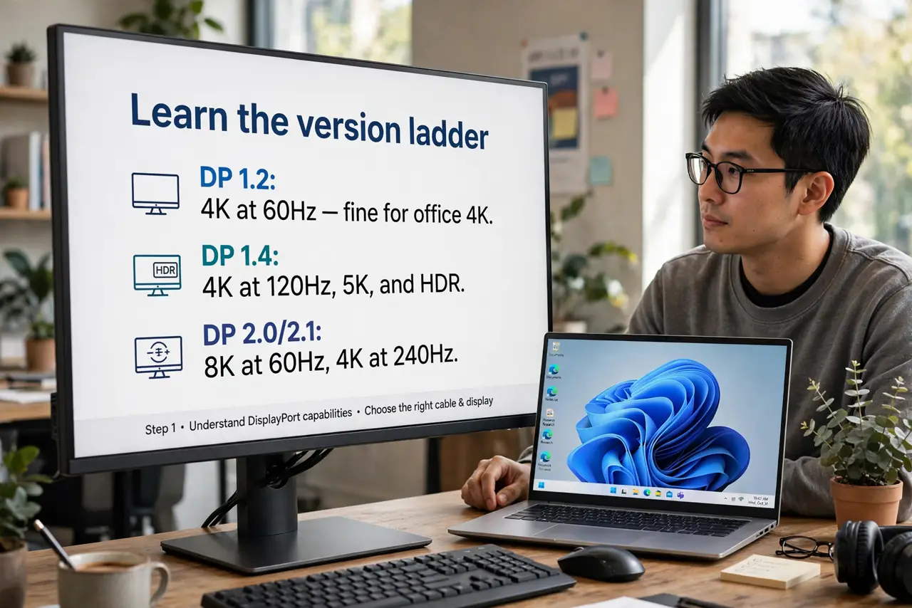 Photoreal photo of a person performing the first step: Learn the version ladder. DP 1.2: 4K at 60Hz — fine for office 4K. DP 1.4: 4K at 120Hz+, 5K, and HDR via compression. DP 2.0/2.1: 8K at 60Hz, 4K at 24...