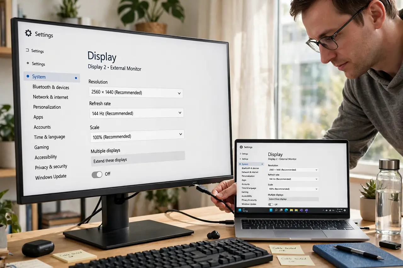Photoreal photo: a focused person at a desk connecting a real DisplayPort cable to the back of a monitor showing a legible display settings screen with resolution and refresh rate, the person's face concentrated. No blac