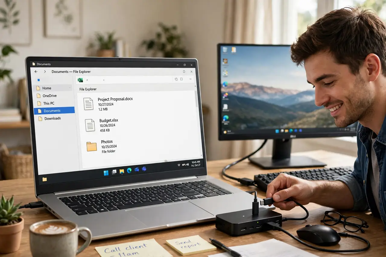 A person plugging a single real USB-C cable from a real laptop into a real docking station with a monitor, keyboard, and mouse connected, the person's face satisfied, home office desk.