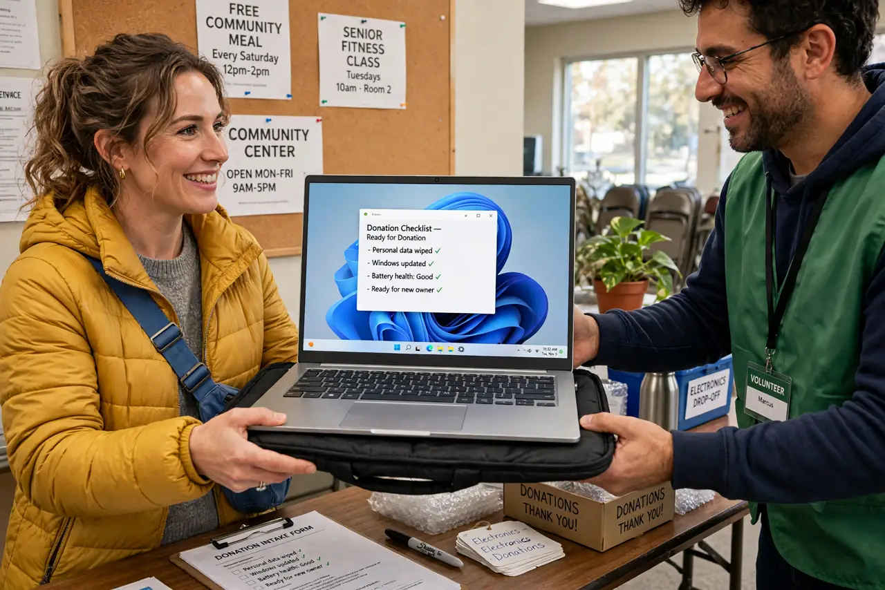 A woman handing a wiped laptop in a padded bag to a volunteer at a donation center table, both smiling, daytime, community center.