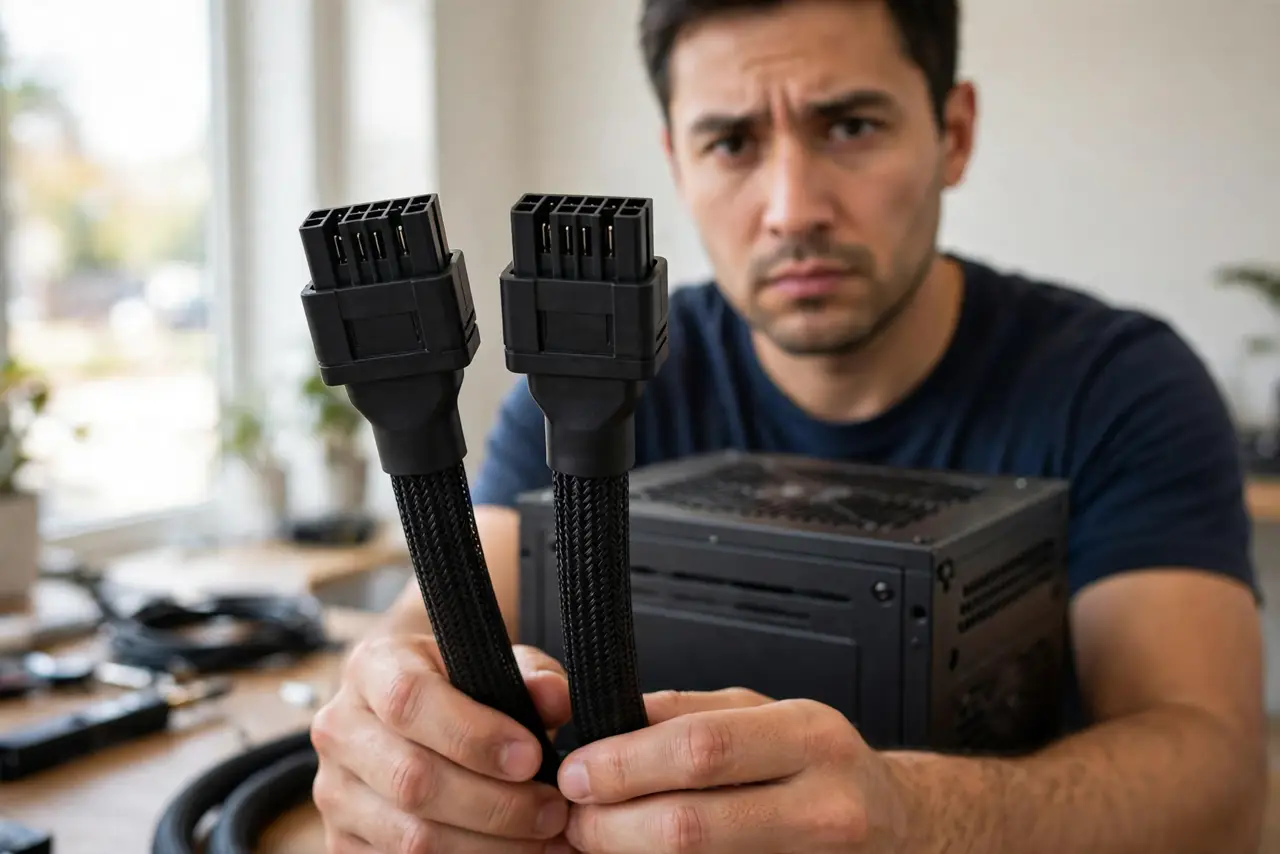 A person holding two real PSU modular cables side by side showing the identical-looking connectors, a power supply box behind them, the person's face serious and cautioning, bright room.