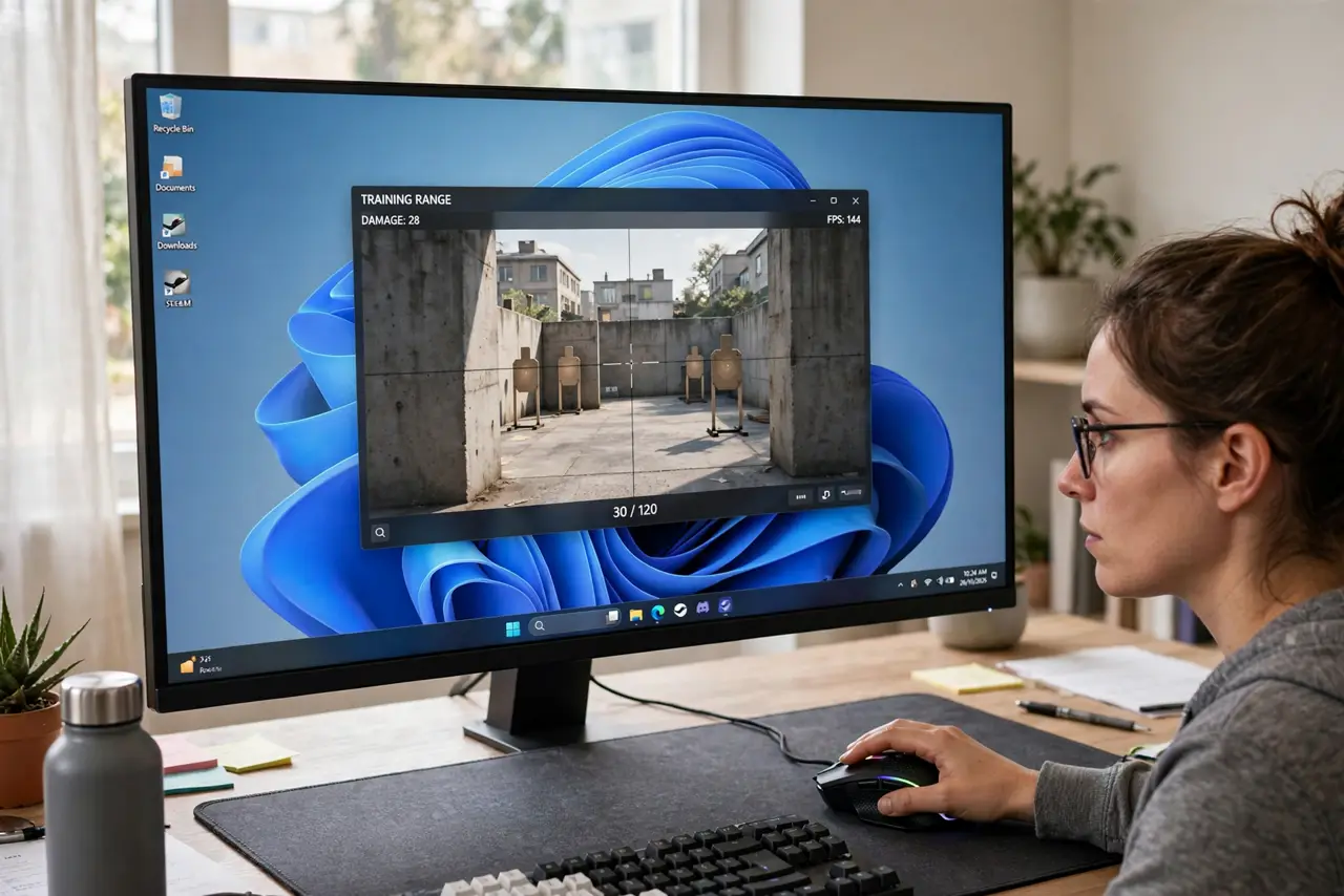 A person using a real gaming mouse on a desk mat, a monitor showing a game with a visible crosshair, the person's face concentrated, room with soft light.