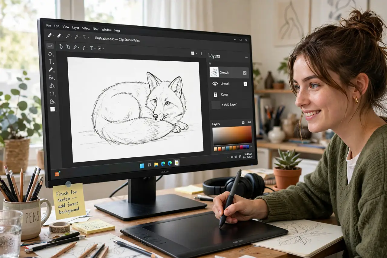 A person drawing on a real pen drawing tablet with a stylus in hand, a monitor showing the drawing appearing with a legible drawing-app interface, the person's face focused and pleased, creative desk
