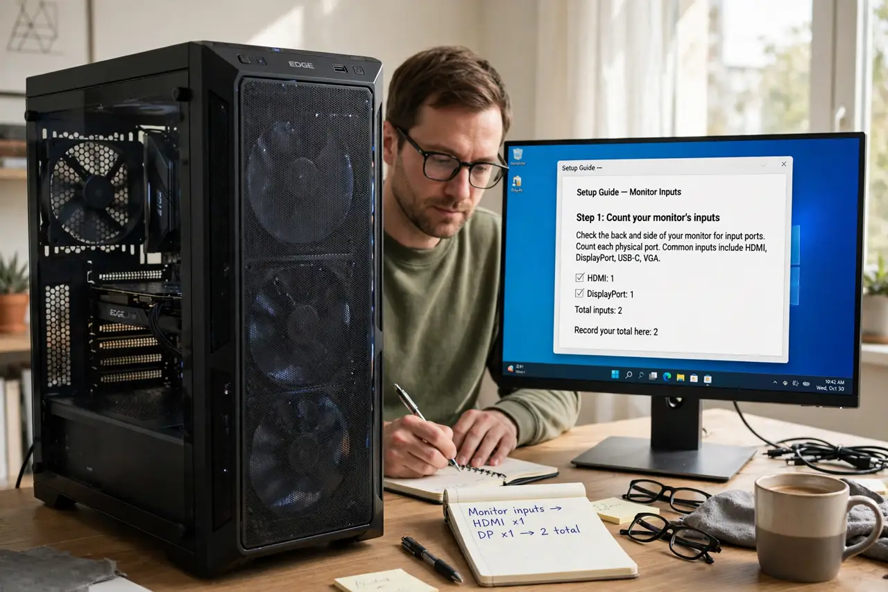 A person doing the guide's first step: Count your monitor's inputs.