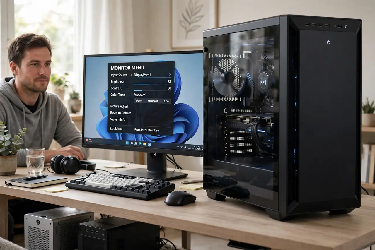 A person at a desk with two small desktop PCs under it and one real monitor showing its on-screen input menu with legible entries, a keyboard and mouse in front, the person's face relaxed and in contr