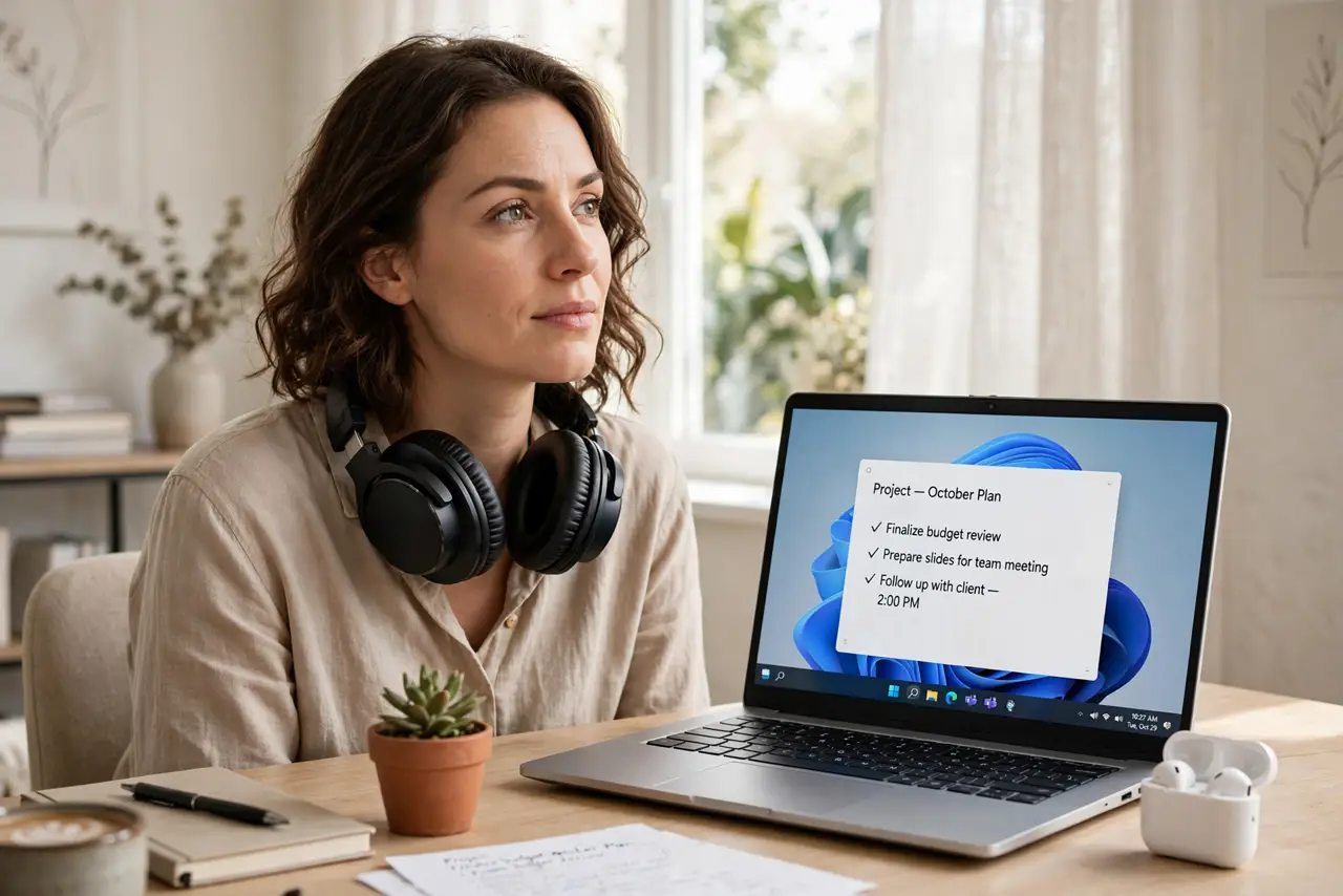 A person at a desk with real over-ear headphones around their neck and real earbuds in a case beside a laptop, the person's face thoughtful, bright home office.