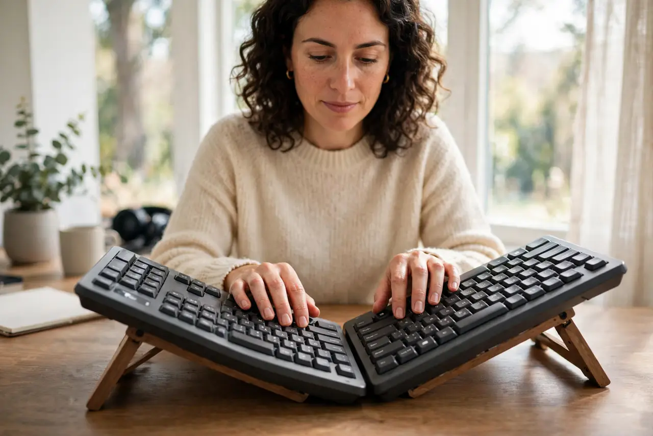 A person typing on a real split ergonomic keyboard with tented halves on a desk, wrists in a neutral position, the person's face comfortable and focused, home office.