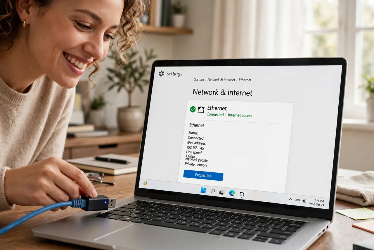 A person plugging a real USB Ethernet adapter with a real blue network cable into a real laptop, the screen showing a legible wired connection icon, the…