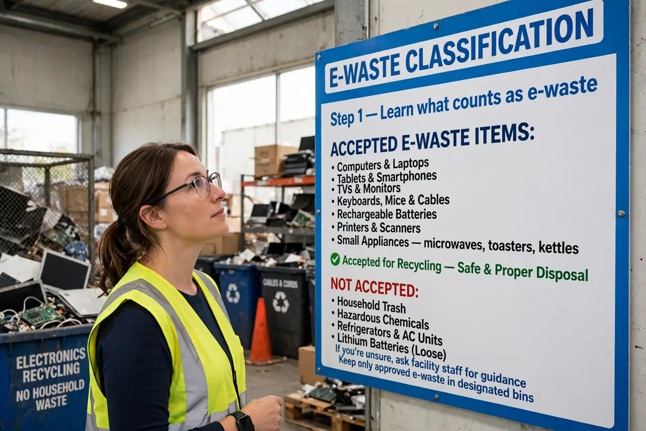 A person carrying out step one: learn what counts as e-waste.