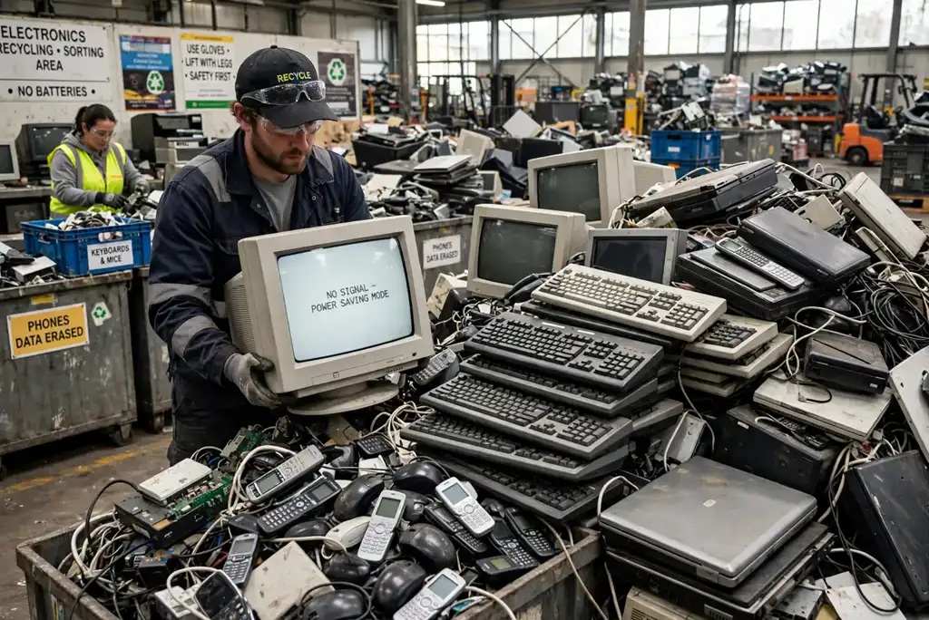 A large collection of old electronics — phones, keyboards, monitors — stacked at a recycling facility, a worker sorting in the background, bright industrial…