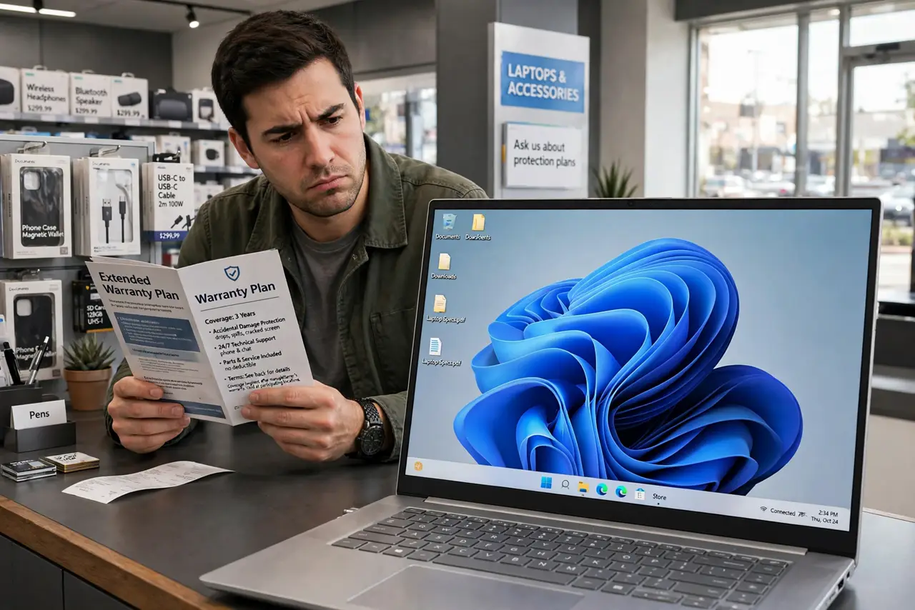 A person reading an extended warranty brochure at a real electronics store counter, comparing it with a new laptop, the person's face skeptical and calculating.