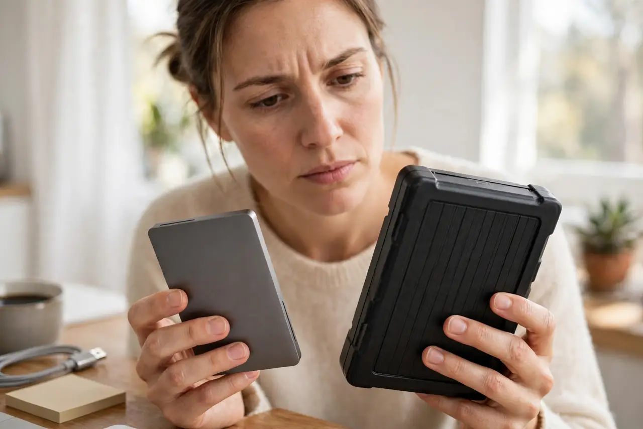 A person holding a real slim external SSD in one hand and a real bulkier external hard drive in the other, comparing their sizes on a desk, the person's face thoughtful, bright room.