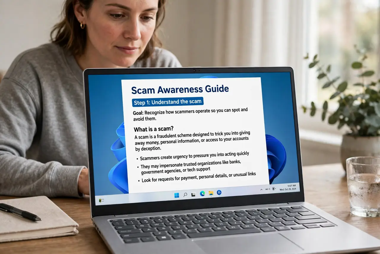 A person doing the guide's first step: Understand the scam.