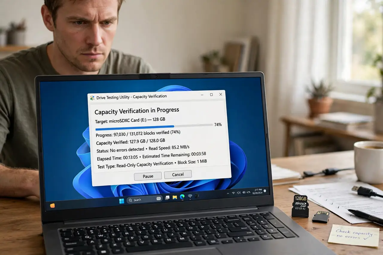 A person at a real laptop with a legible drive-testing utility showing a capacity verification in progress, a real microSD card and adapter on the desk, the person's face serious, home office.