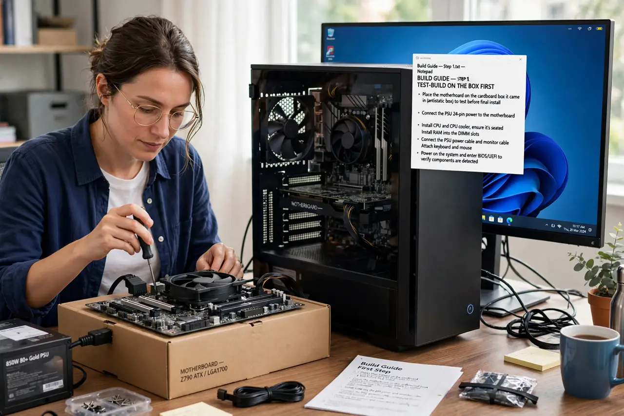 A person doing the guide's first step: Test-build on the box first.
