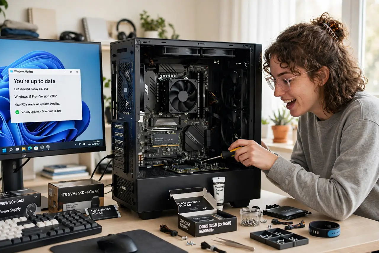 A person building a real PC at a desk, motherboard mounted in an open case with components around, the person's face excited and focused, bright room.