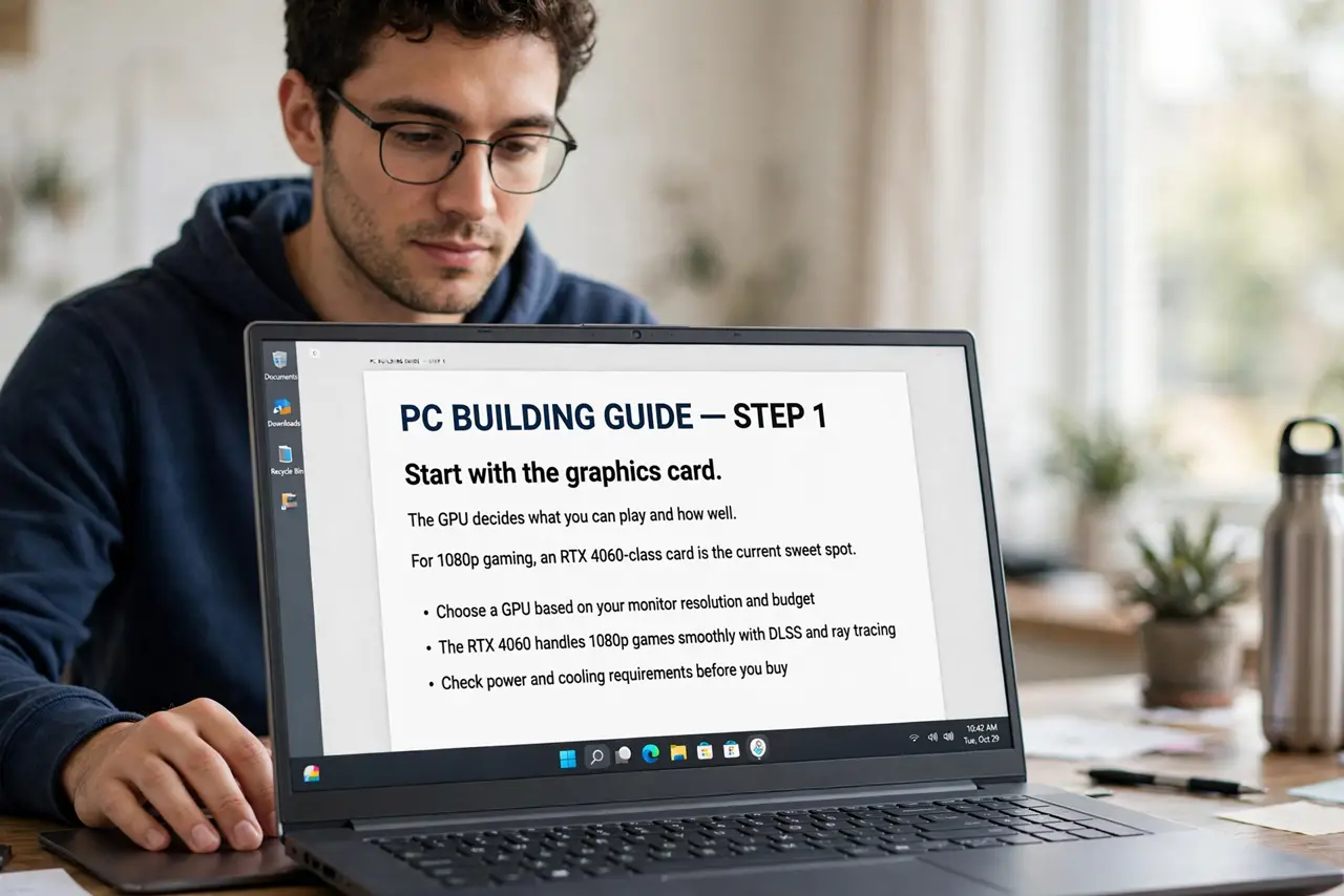 Photoreal photo of a person performing the first step: Start with the graphics card. The GPU decides what you can play and how well. For 1080p gaming, an RTX 4060-class card is the current sweet spot; belo...