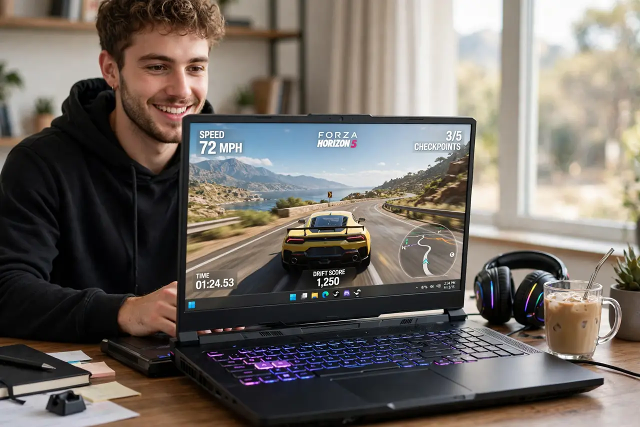 Photoreal photo: an excited person at a desk playing a real game on a gaming laptop with a legible game scene on screen, RGB keyboard glowing, the person's face engaged and happy. No black screen, no blank white screen,