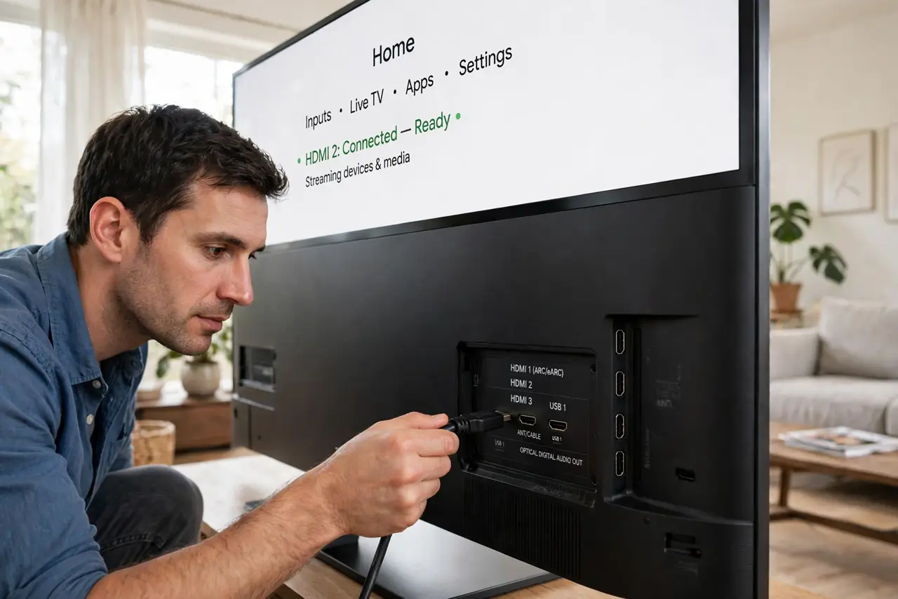 A person connecting a real HDMI cable to the back of a real TV, the TV ports panel with HDMI labels legible, the person's face focused, living room.