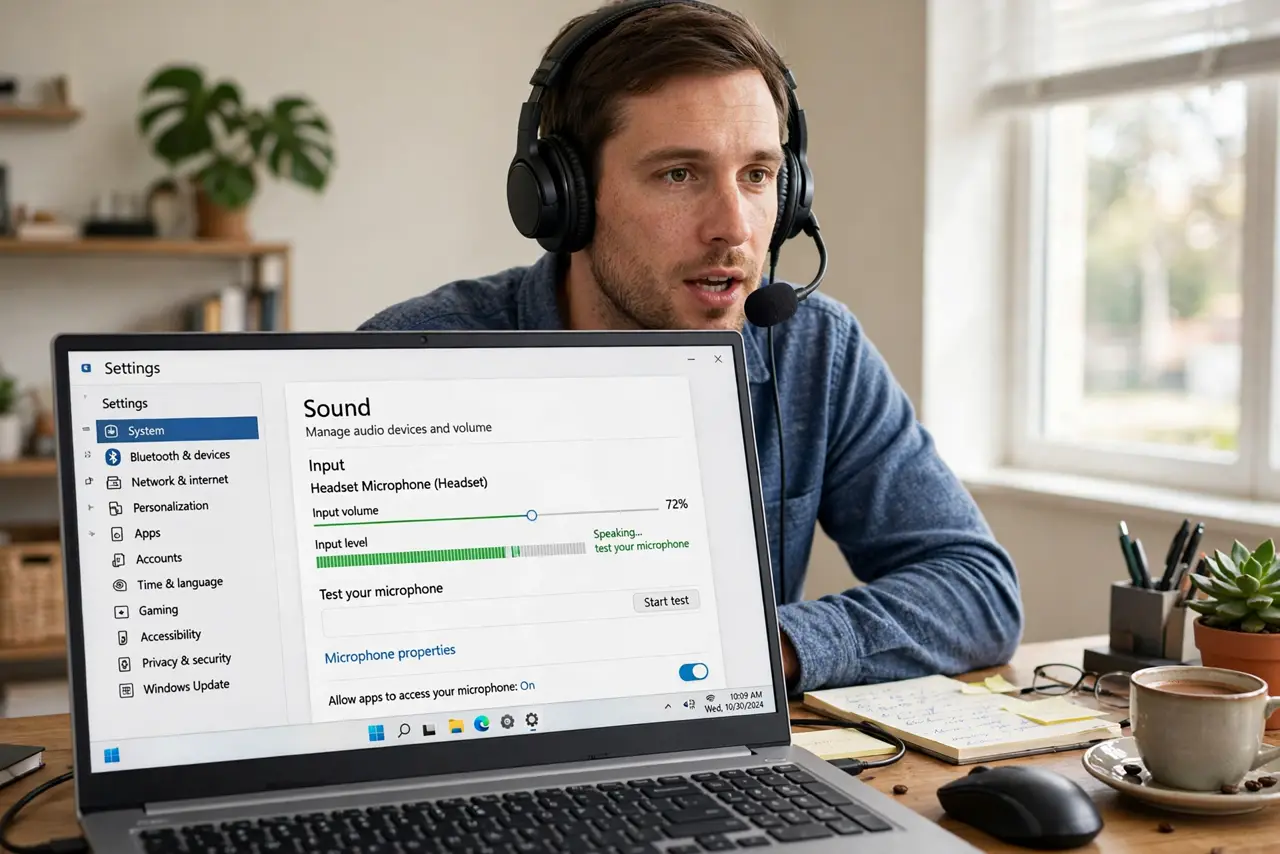 A person wearing a real headset at a real desk speaking into the boom microphone, a real laptop showing a voice settings screen with input level meter legible,…