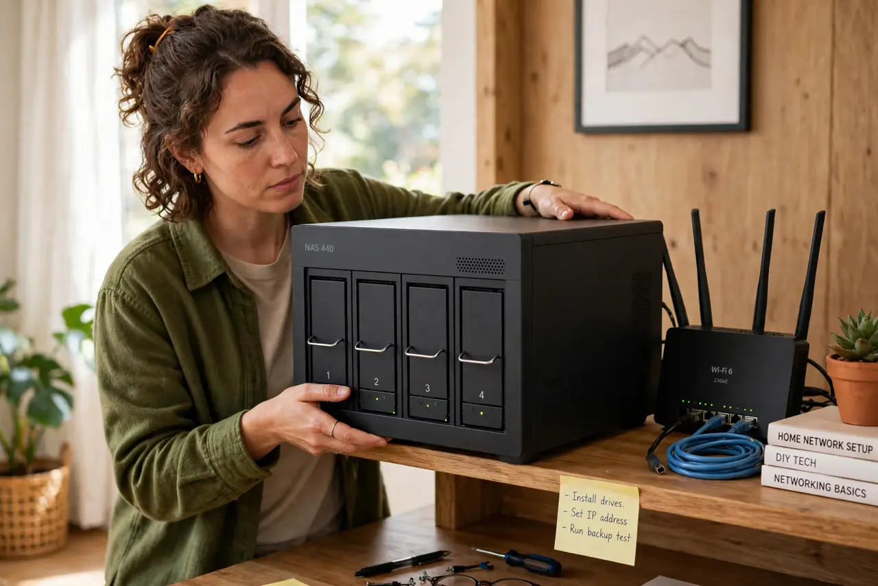 A person placing a real NAS box with visible drive bays on a real home office shelf next to a real router, the person's face thoughtful and planning, warm room.