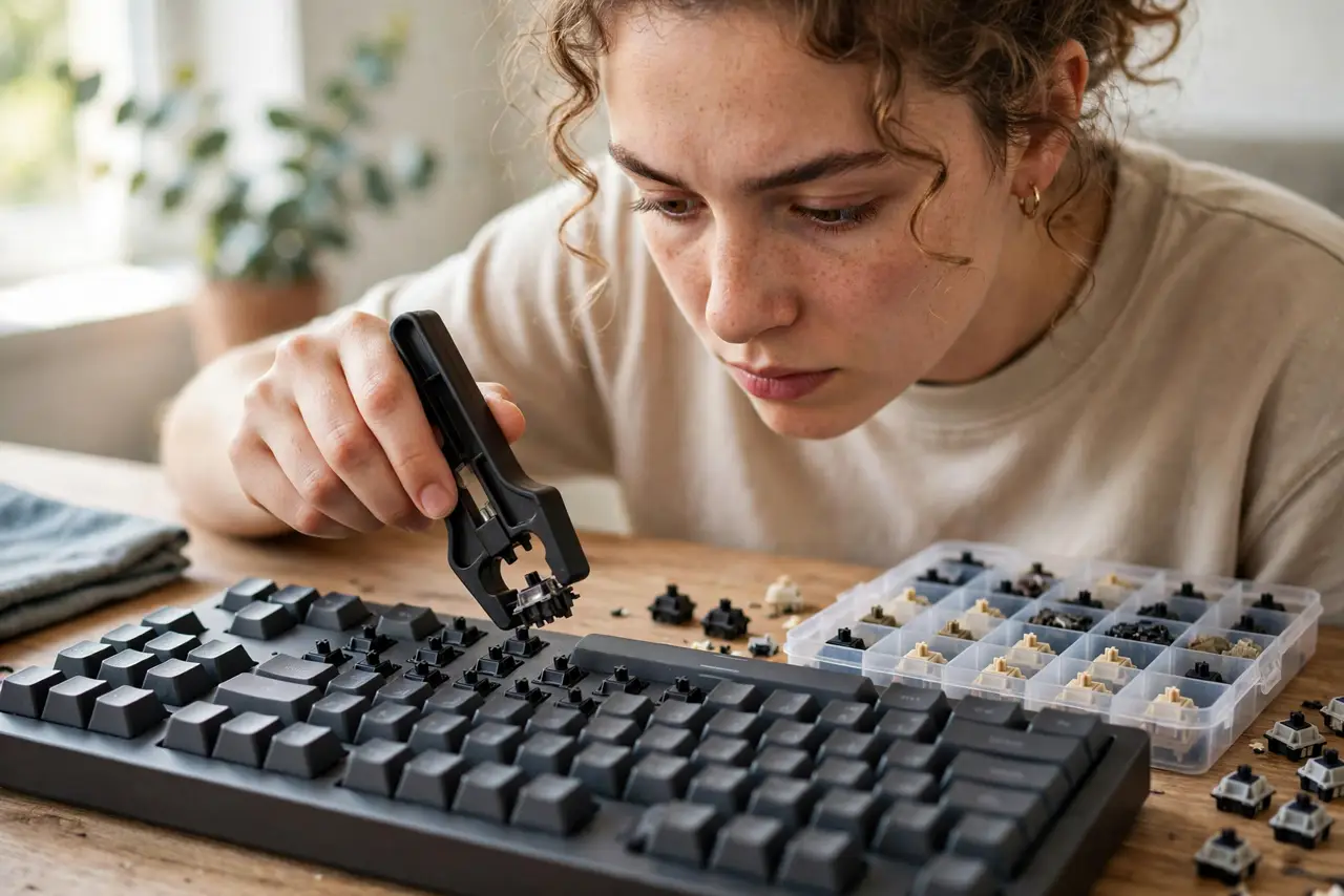 A person pulling a small mechanical switch out of a real keyboard with a plastic switch puller tool, spare switches in a tray nearby, the person's face focused, desk close-up.