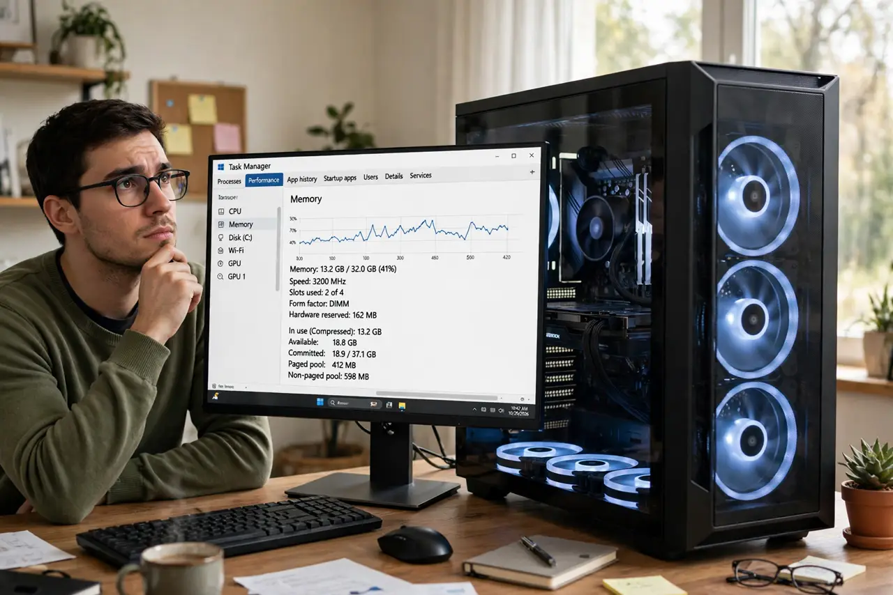 A person at a real Windows desktop PC with a legible task manager performance tab showing memory usage on the monitor, the person's face thoughtful, home office.