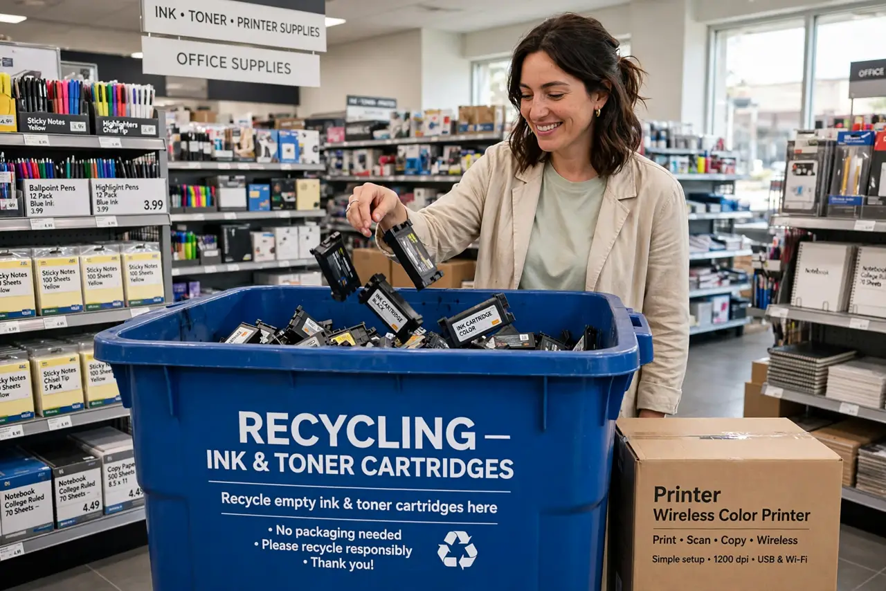 A person dropping empty ink cartridges into a store recycling bin, a printer box beside them, face satisfied, office supply store.