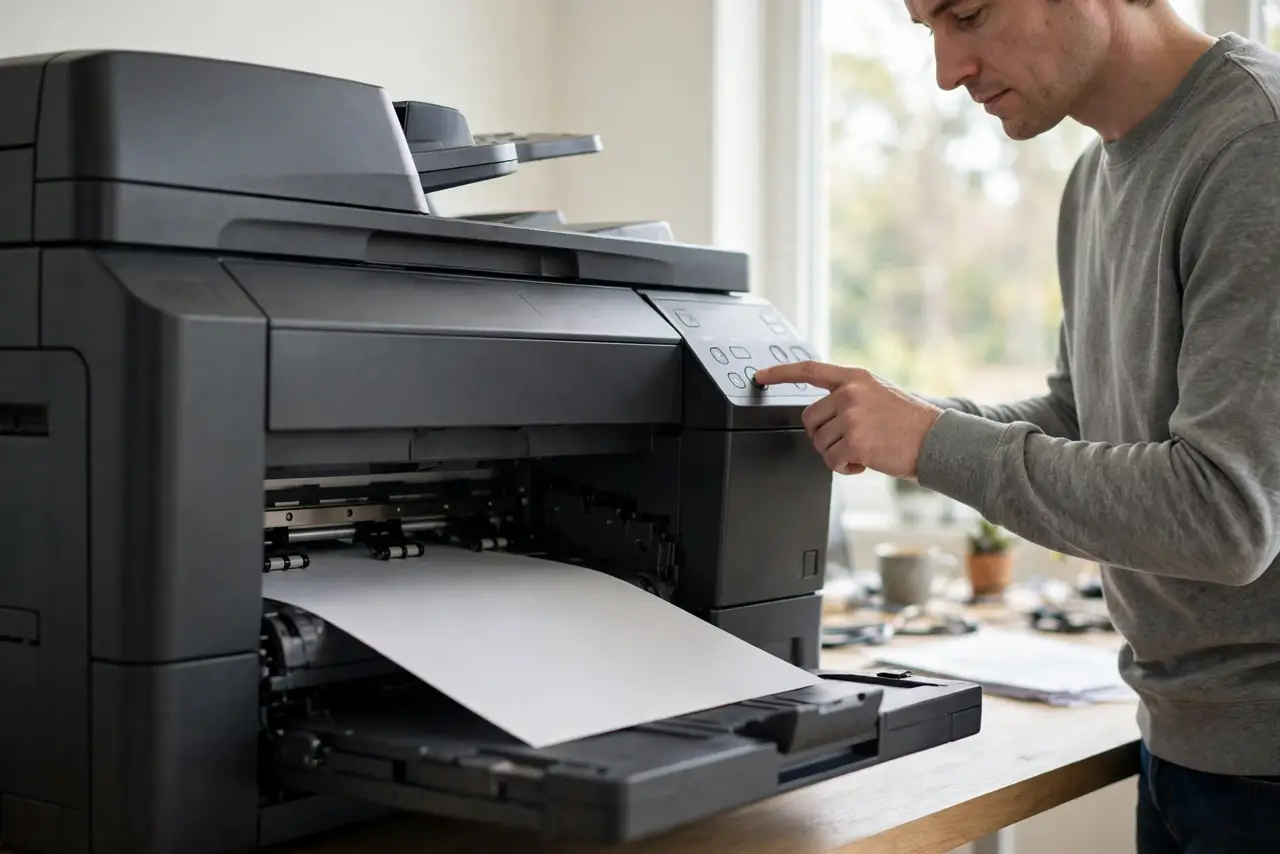 A person doing the guide's first step: Print a nozzle-check page.