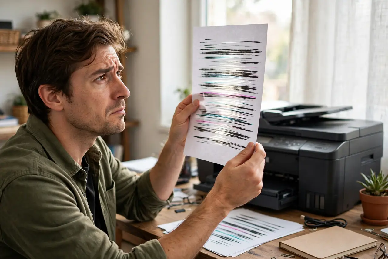 A person holding a real printed test page with visible streaky lines up to the light, an inkjet printer behind them on the desk, the person's face frustrated but hopeful, home office.
