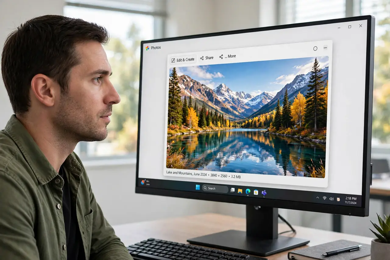 A person viewing a real monitor from a sharp side angle, the screen showing a colorful photo with legible detail, the person's face observant, comparing viewing angles in a bright room.
