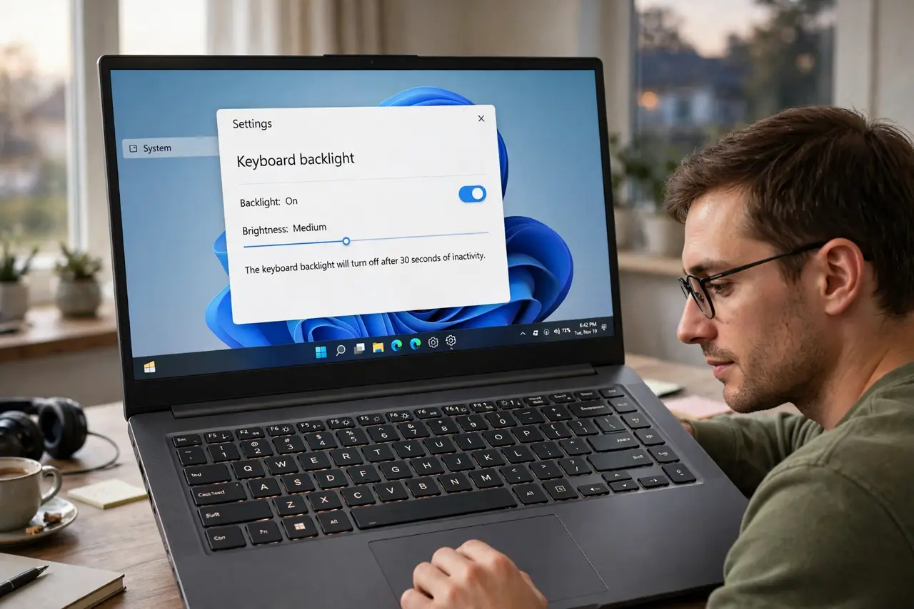 Photoreal photo of a person performing the first step: Check whether your laptop has one. Look for a small keyboard or lightbulb icon on the F5, F6, o