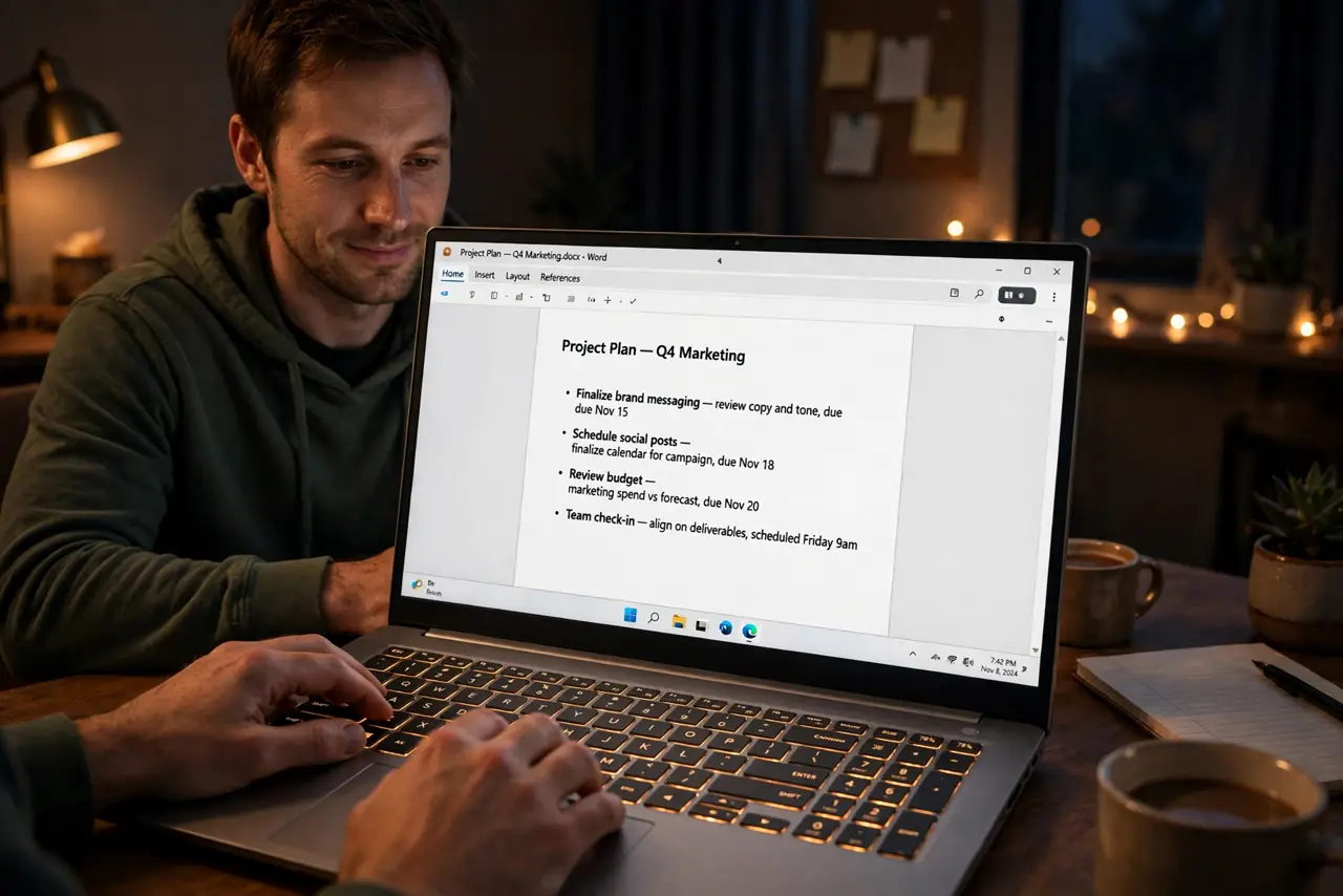 Photoreal photo: a person typing on a real laptop in a dim room, the keyboard glowing warmly with clearly legible keys, the person's face focused and comfortable, evening home desk. No black screen, no blank white screen, no fake or g