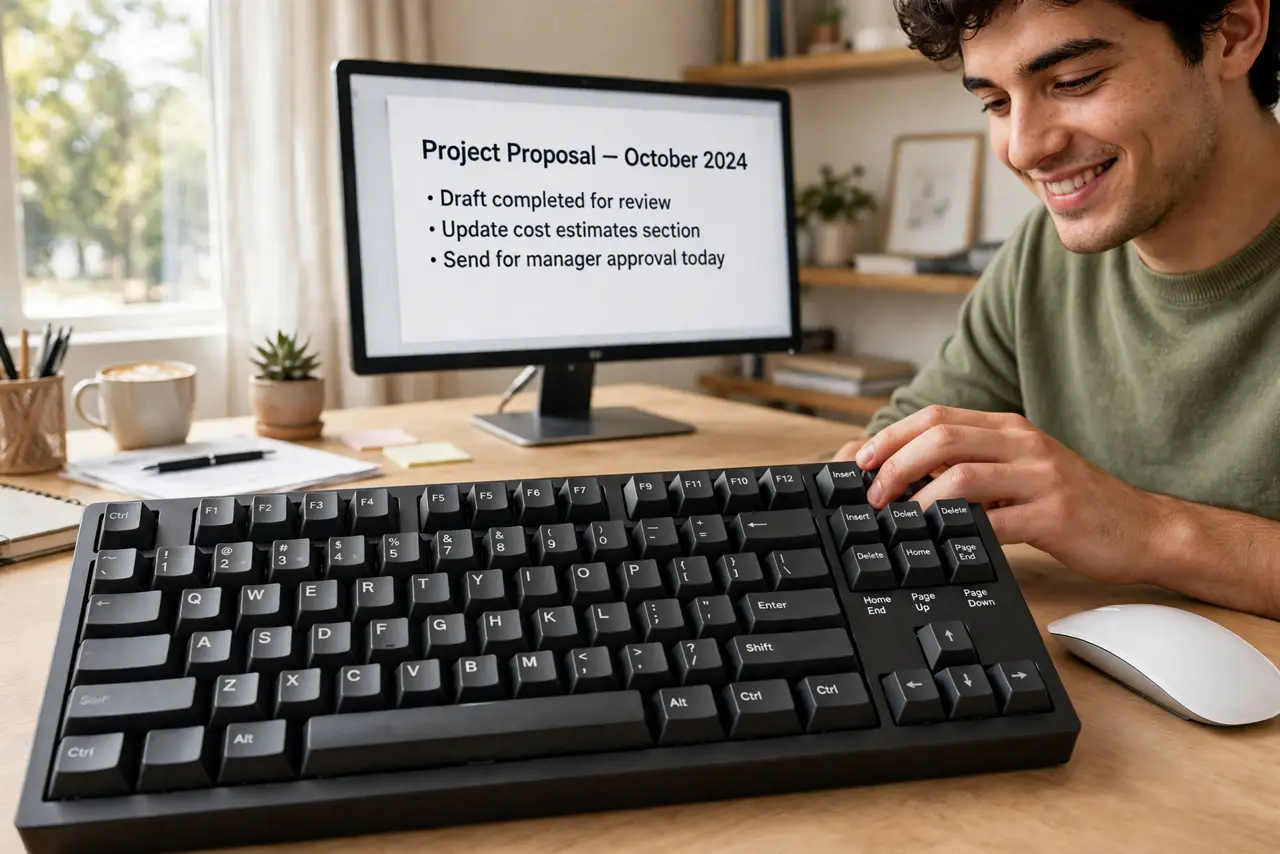 A person typing on a real compact 75% mechanical keyboard, the nav cluster and function row legible, a mouse close beside it on a clean desk, the person's face…