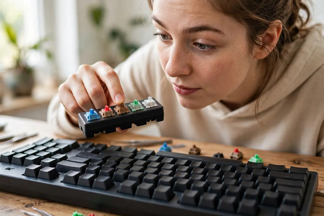 A person holding a real mechanical keyboard switch tester with several colored switches visible, pressing one with a finger, the person's face curious, close-up desk shot.