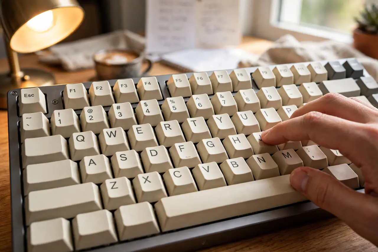 A close-up of a real mechanical keyboard showing sculpted keycaps with visible row height differences, a person's fingers typing, warm desk light.