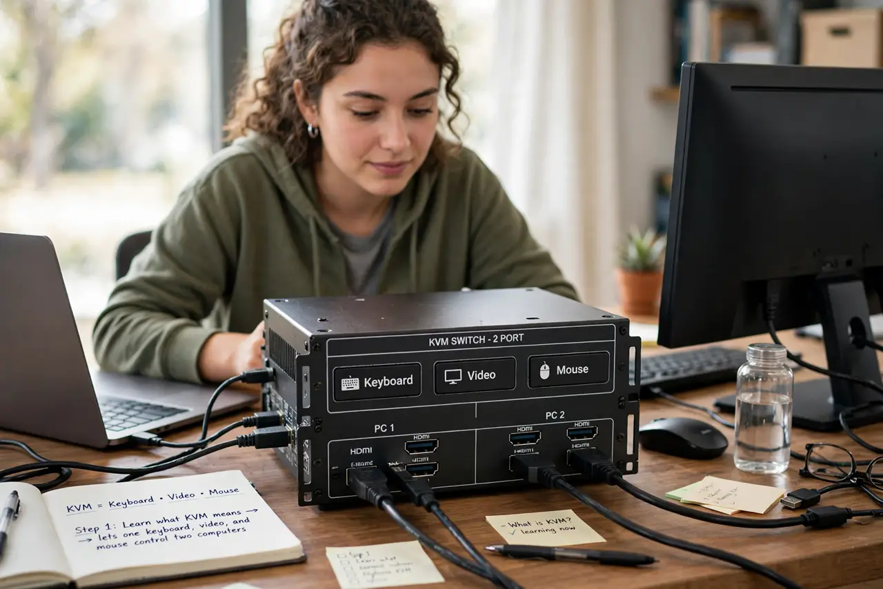 A person carrying out step one: learn what kvm means.