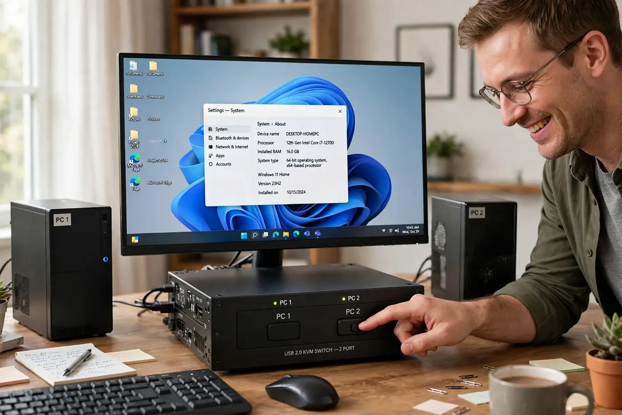 A person pressing a button on a small real KVM switch box on a desk, with two real computers and one real monitor showing a legible desktop, the person's face…