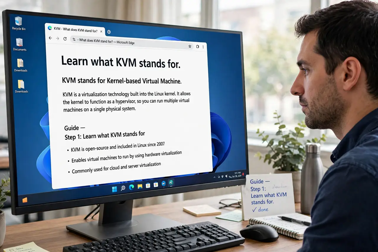 A person doing the guide's first step: Learn what KVM stands for.