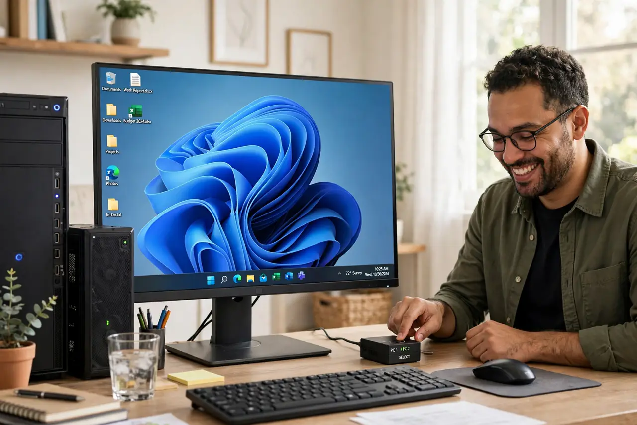 A person pressing a button on a small real KVM switch box on a desk, with two real computers and one real monitor showing a desktop with legible text, the person's face pleased, home office.