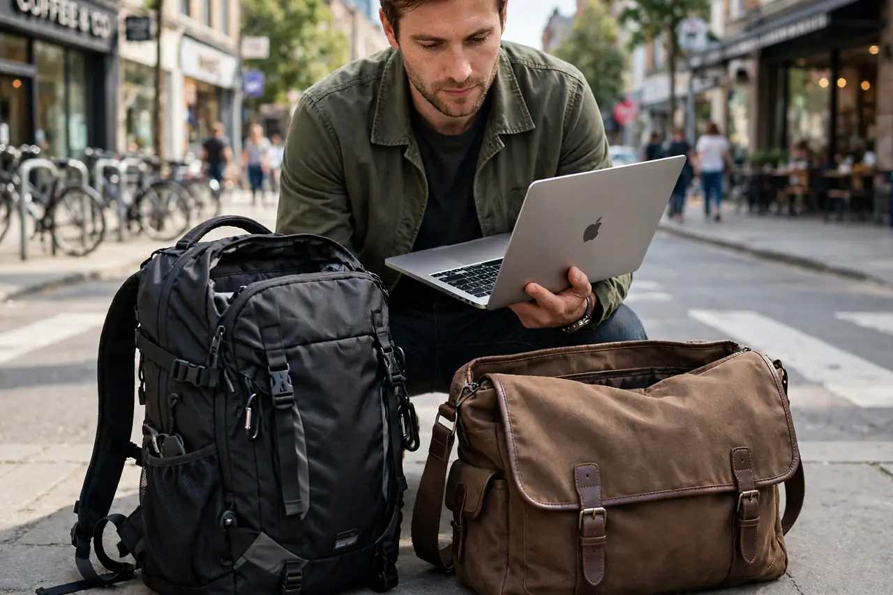 Photoreal photo of a person performing the first step: Match the bag to the commute. Walking, biking, or transit: a backpack distributes weight and ke