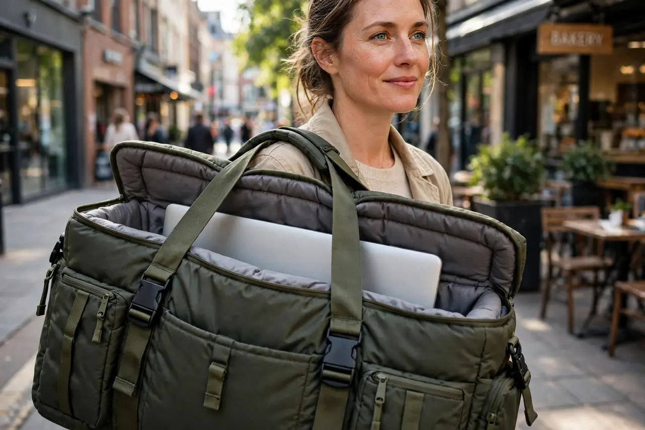 Photoreal photo: a person carrying a real padded laptop messenger bag over the shoulder, a real laptop visible in the padded compartment, the person's face content, city street. No black screen, no blank white screen, no fake or garbl